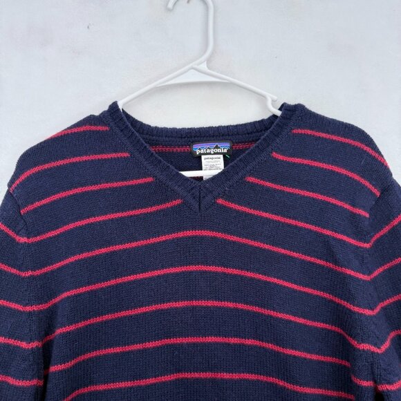 Patagonia Sweater Mens M Blue Stripe Lambswool Blend V Neck Pullover Stretch - Picture 2 of 9